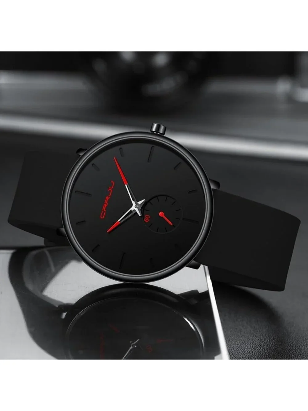 Crrju Men's Black Red Stylish Waterproof Quartz Unisex Ultra Silicone Band Watch